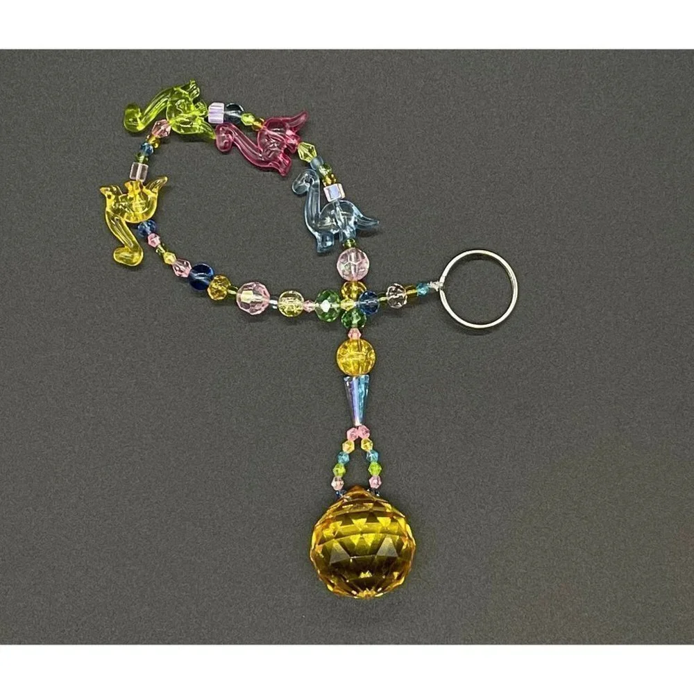 Dinosaur Beaded Suncatcher  - Pastel - Yellow Crystal Prism - Hanging Decor